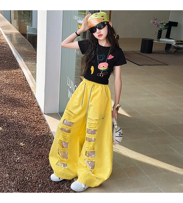 Teenager-Mädchen Mode Street-Style Y2K Kleidungsset Outfits für Mädchen Sommer T-Shirt + zerrissene Hosen Streetwear Coole Kinderkleidung Anzug – Detail 6