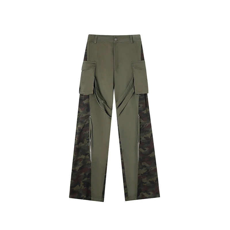 Vintage Straight High Waisted Women's Pants American Fashion Streetwear Trouser Casual Military Green Camouflage Wide Leg Pants