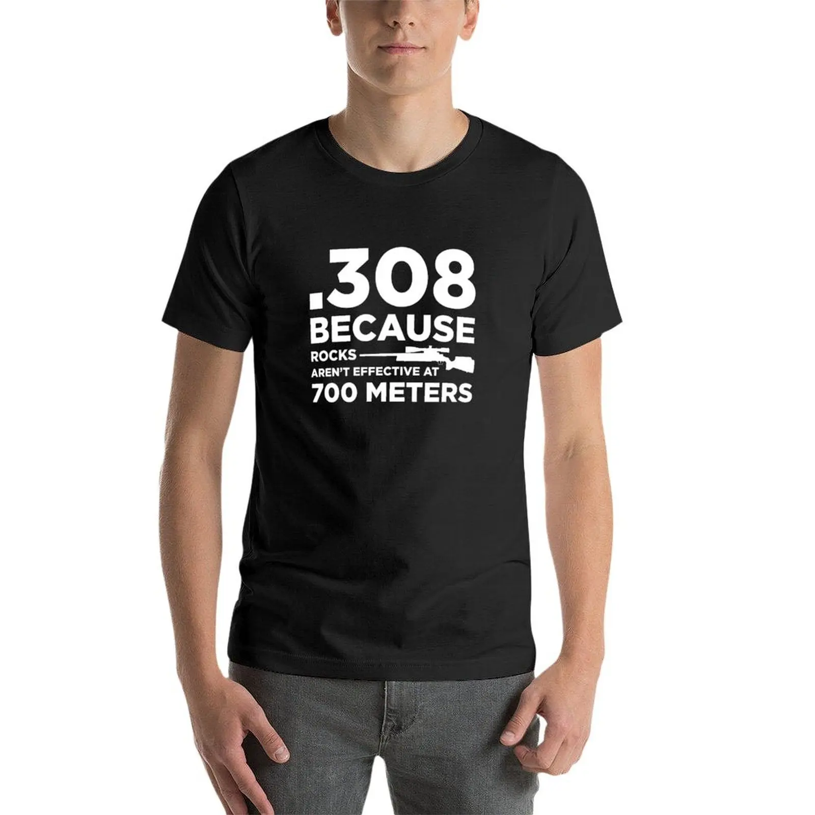 Funny Gun Owner Pro Second Amendment Rights USA .308 Because Rocks Aren\'t Effective at 700 Meters T-Shirt vintage men clothing