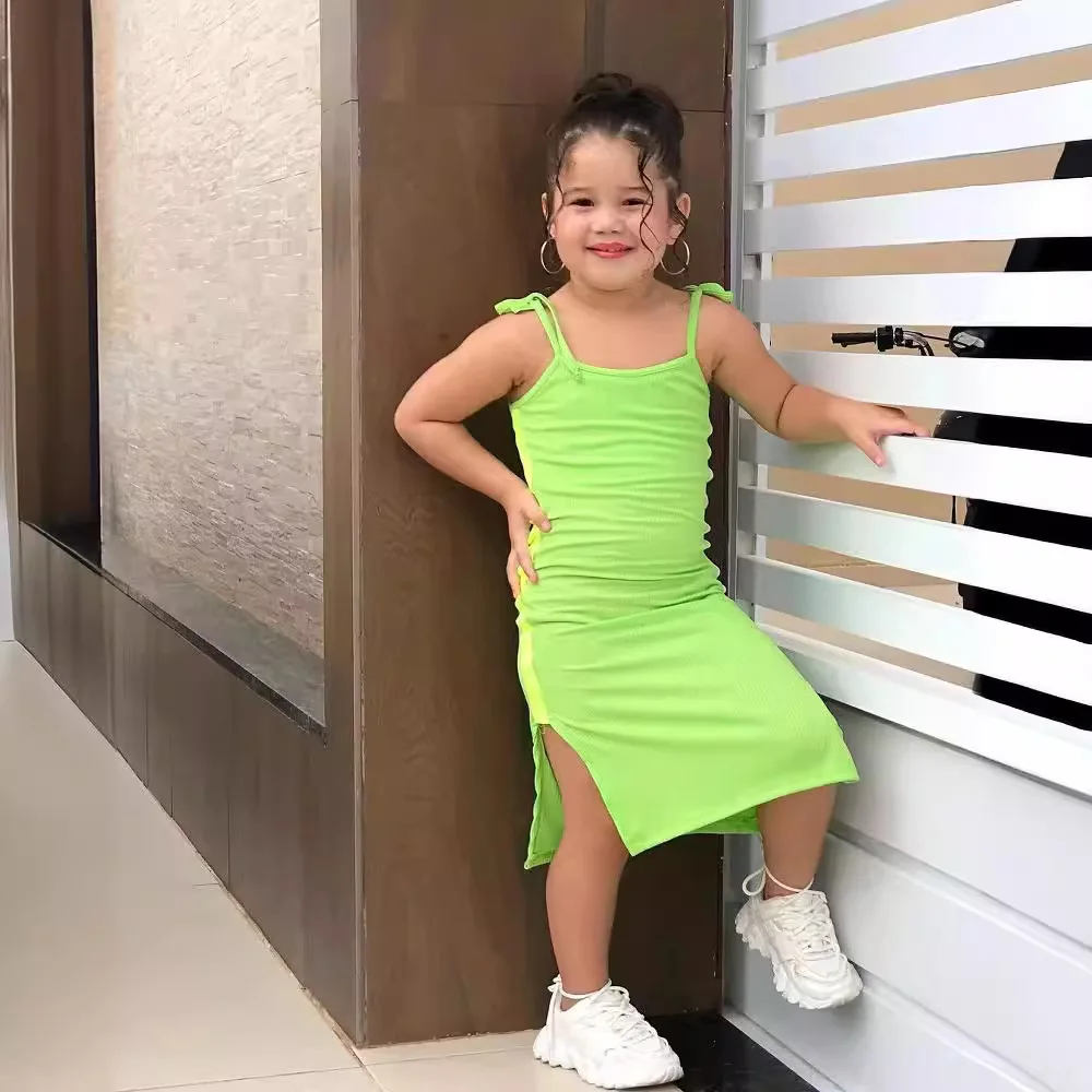 New 2024 Summer Girls Camisole Dress Sleeveless Split Hem Sheath Dress Kids Children's Casual Clothing For 2-7 Years