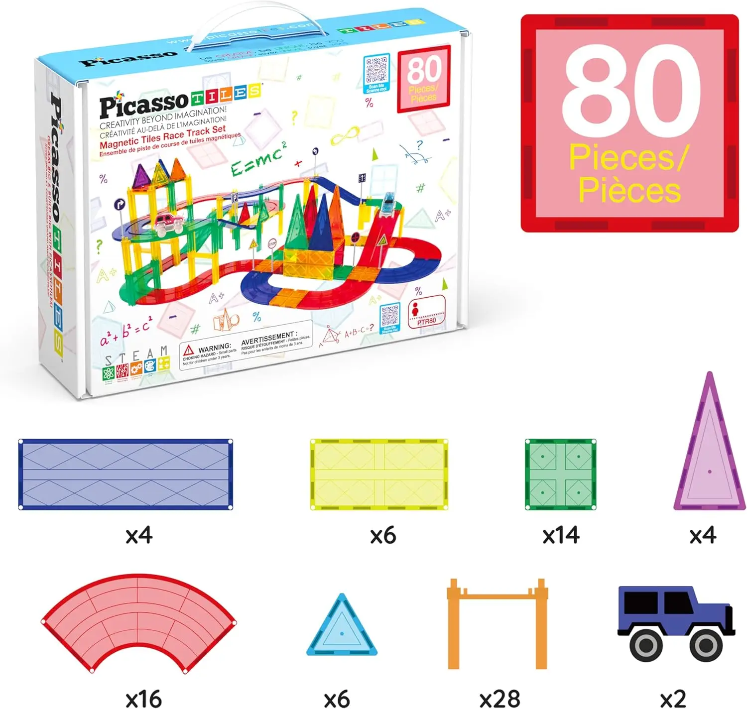 80 Piece Race Car Track Building Block Educational Toy Set Magnetic Tiles Magnet DIY Playset 2 Light Up Car STEM Learning Cons