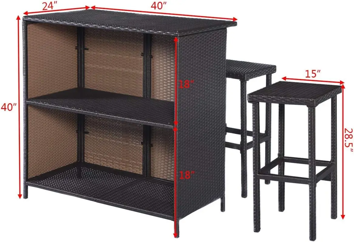 Outdoor Rattan Wicker Bar Set, Mesa do pátio e 2 fezes Móveis, Mix Brown, 3pcs