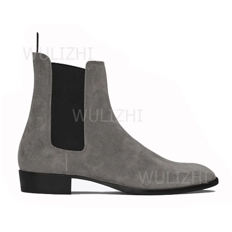 Botas masculinas de camurça marrom estiramento de couro preto casual tornozelo bezerro botas meninos legal dedo do pé redondo conciso desportivo cinza retalhos sapatos