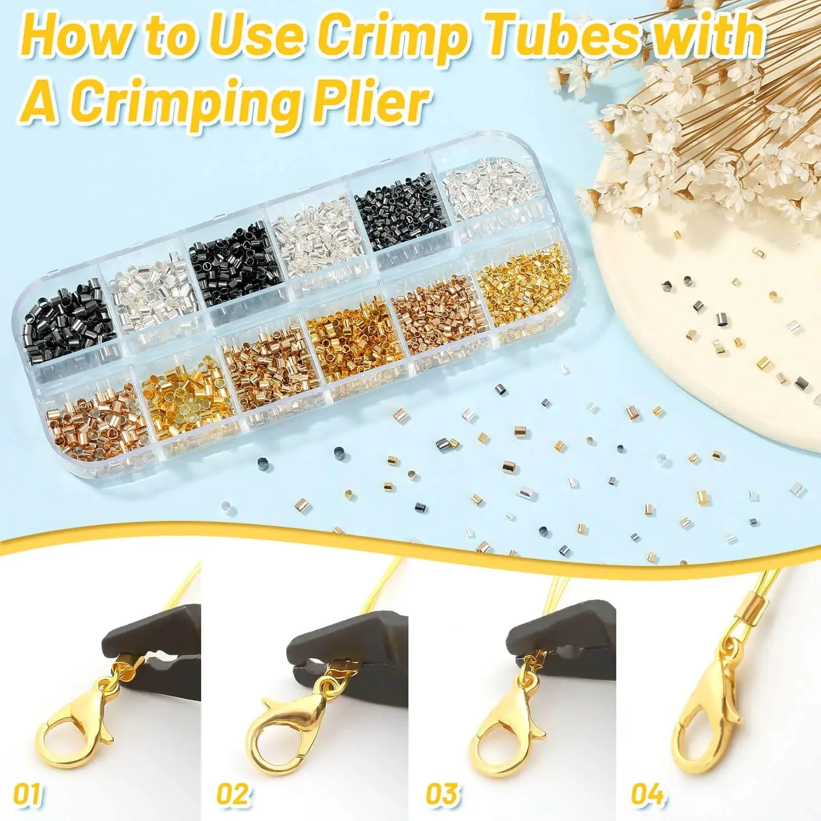 2200-Piece Crimp Beads Kit for Jewelry Making: Tubes (3 Sizes, 4 Colors), Pliers For Earring, Necklace, Bracelet DIY