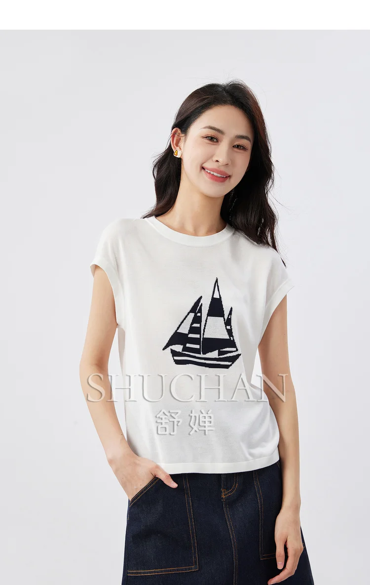 

2024 Knit 100% Lyocell Contrast Sailboat Embroidery O-neck T-shirts for Women Medium Strecth Women T Shirt