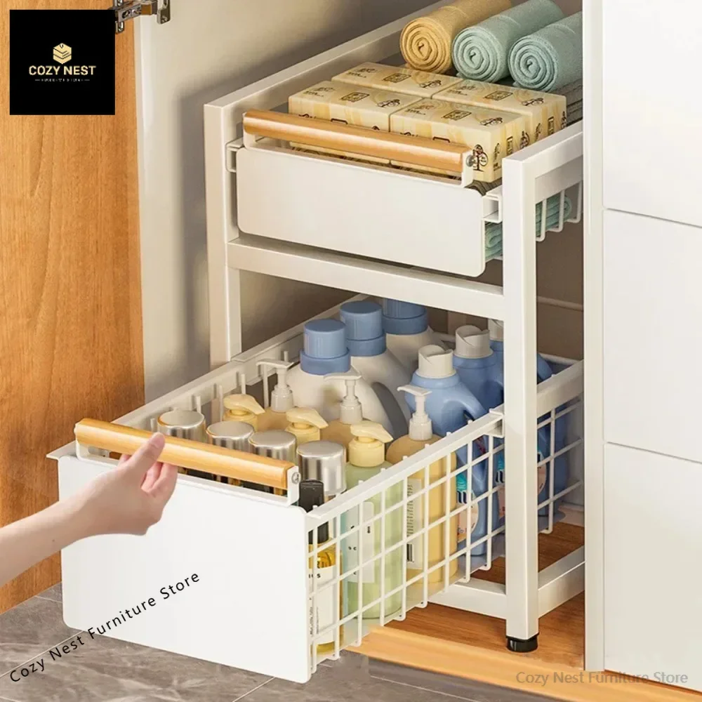 

Sink Storage Rack With Pull-out Basket Bathroom Cabinet Strong Load-bearing Capacity Can Be Pulled Shelf Toilet Storage Racks