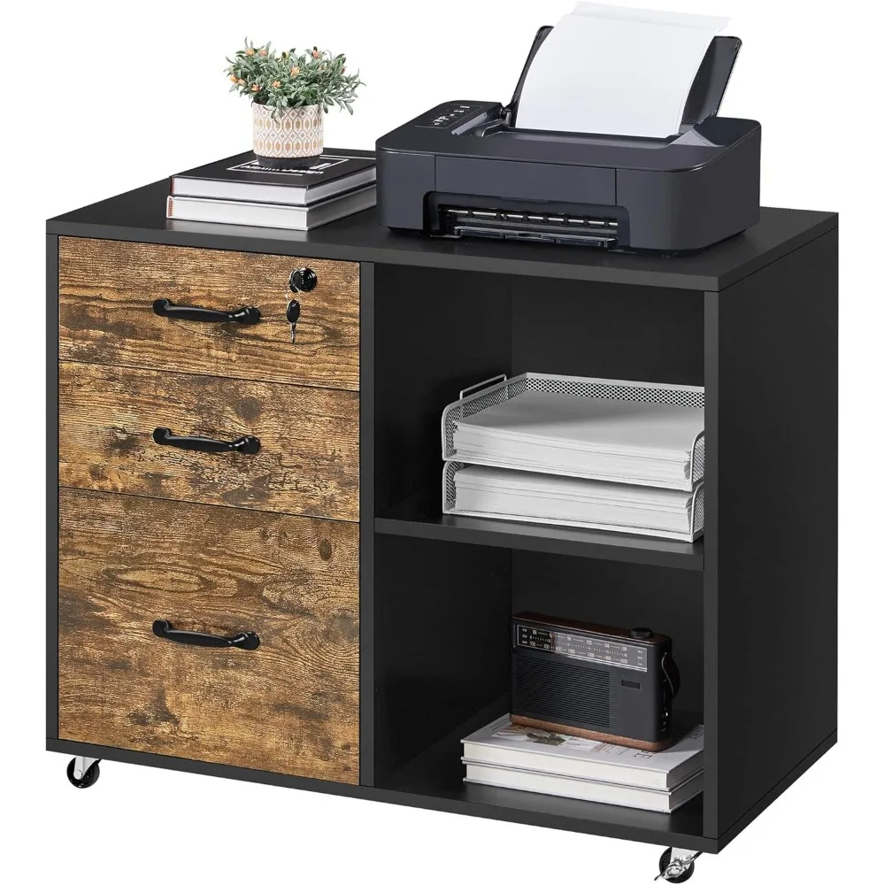 

Lateral File Cabinet with Lock for Letter, A4 Size, 3 Drawer Printer Stand with Open Storage Compartments, Mobile Filing Cabine