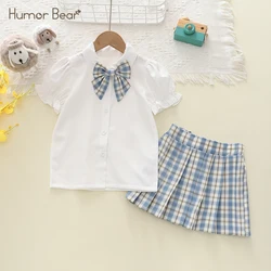 Humor Bear Kids Dresses Bow Tie Preppy Short-Sleeved Shirt + Blue Plaid Skirt Fashion Suit Girls Clothing Sets