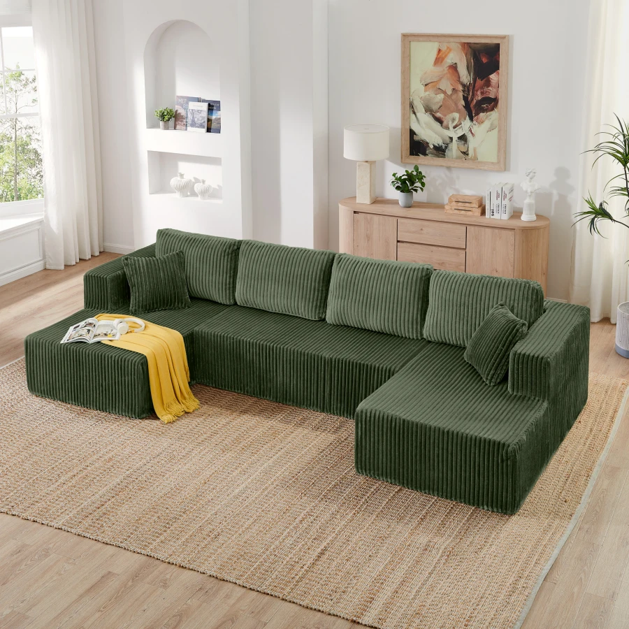 U shape Modular Sectional Sofa, Compressed Sectional Sofa Modern Minimalist Style Corduroy Couch, Sleeper Sofa for Living Room,