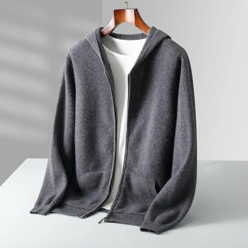 Autumn And Winter New 100% Pure Wool Men's Knitted Cardigan Hooded Cashmere Sweater Zipper Sweater Coat