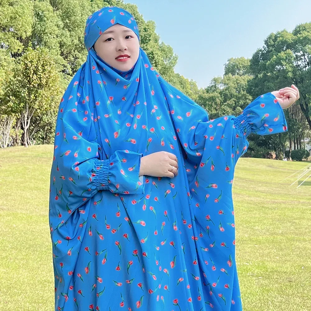 

Luxury Floral Print Hoody Abaya Muslim Prayer Dress Long Khimar Hijab Full Cover Abayas for Women Dubai Islam Kaftan Robe Niqab