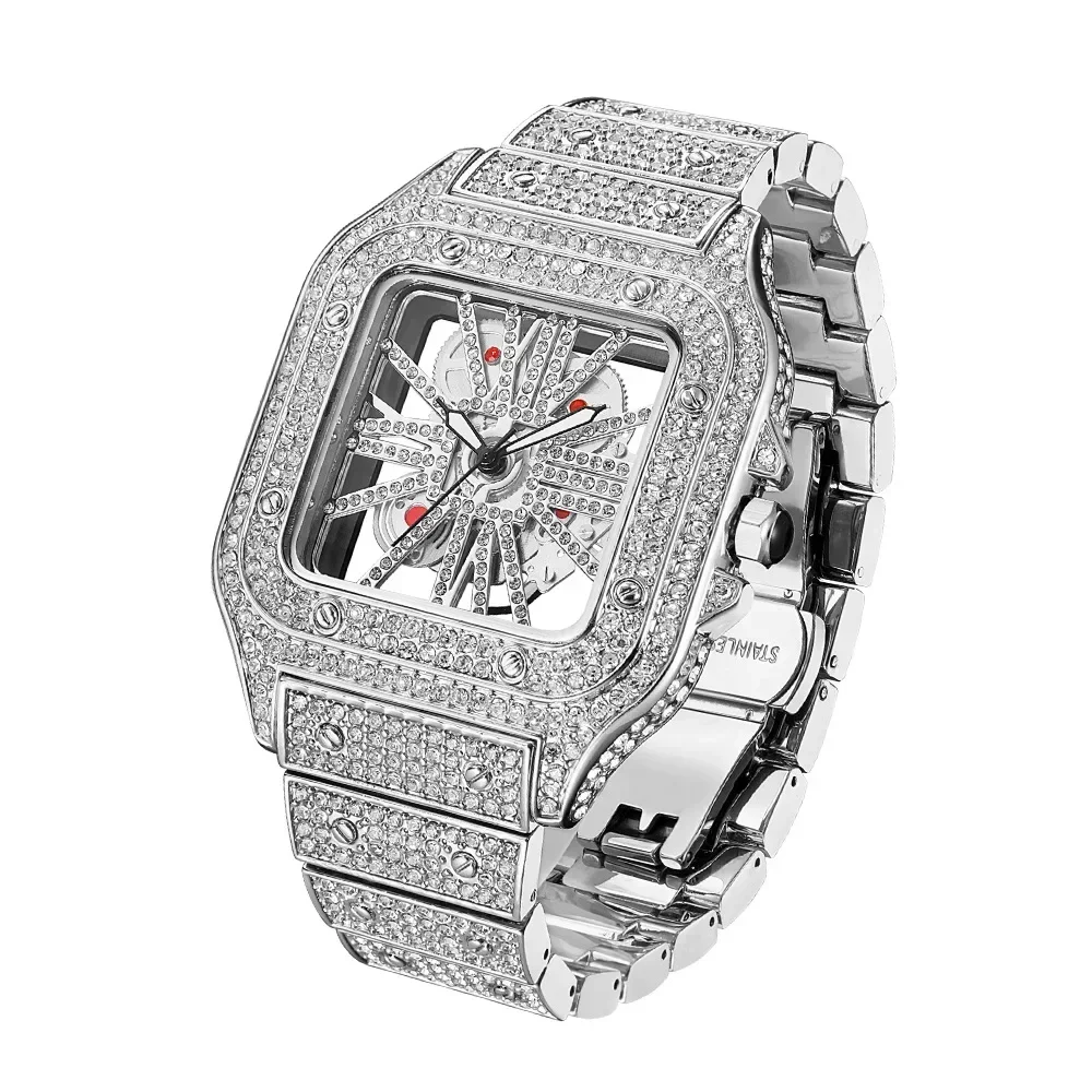 THAI W86 New 2024 Fashion Square Men's Watches Luxury Hollow Hip Hop Full Diamond Metal Waterproof Male Quartz Clock Watch Gift