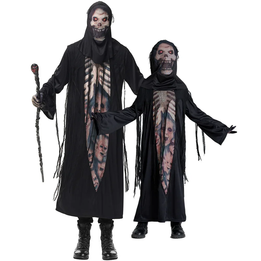 Assustador esqueleto fantasma cosplay robe para adultos e crianças monstro demônio diabo fantasma grim reaper menina menino homem traje de festa de halloween