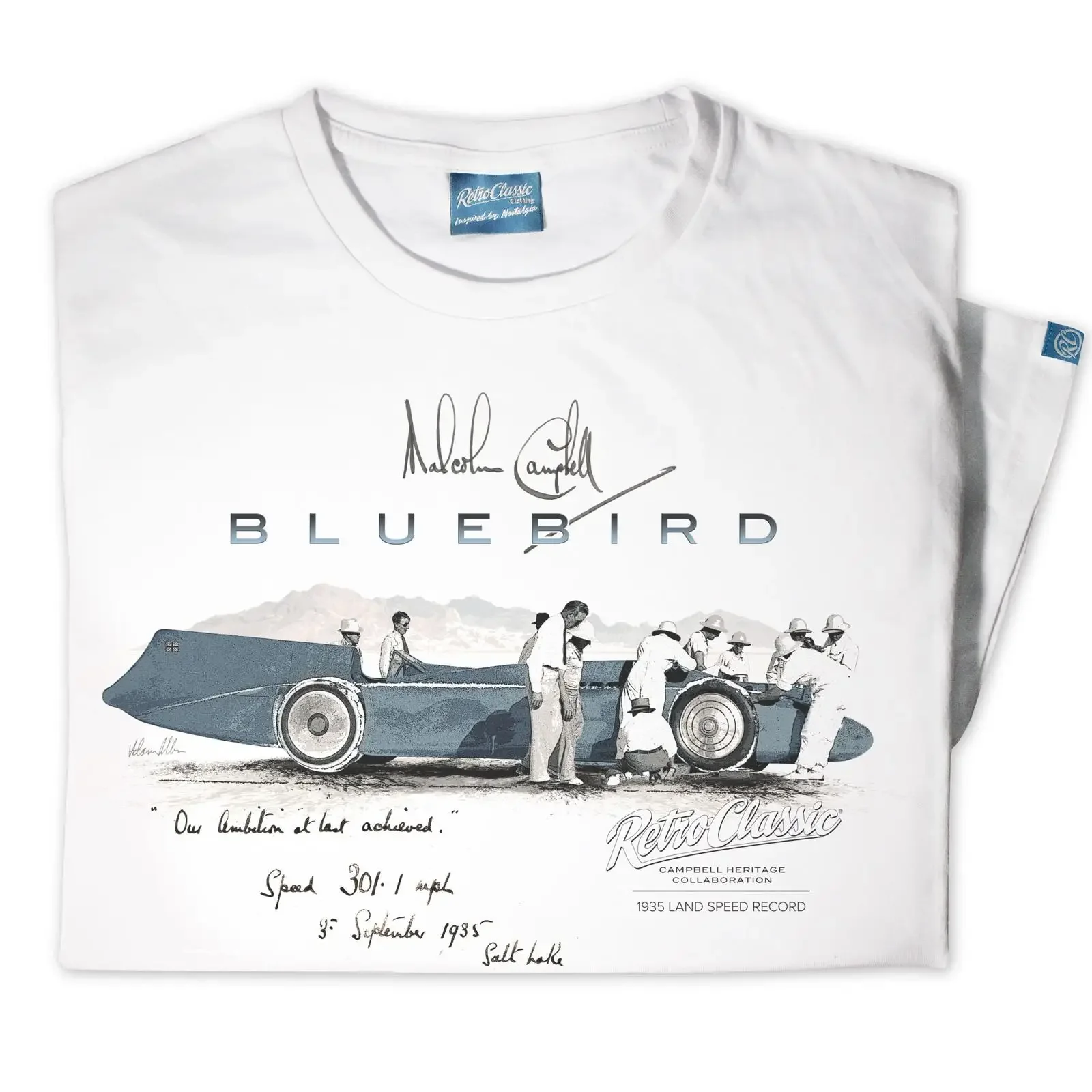 RetroClassic Mens 1935 Malcolm Campbell 'True Friend' Bluebird Railton V Car T Shirt vintage Washed designer clothes