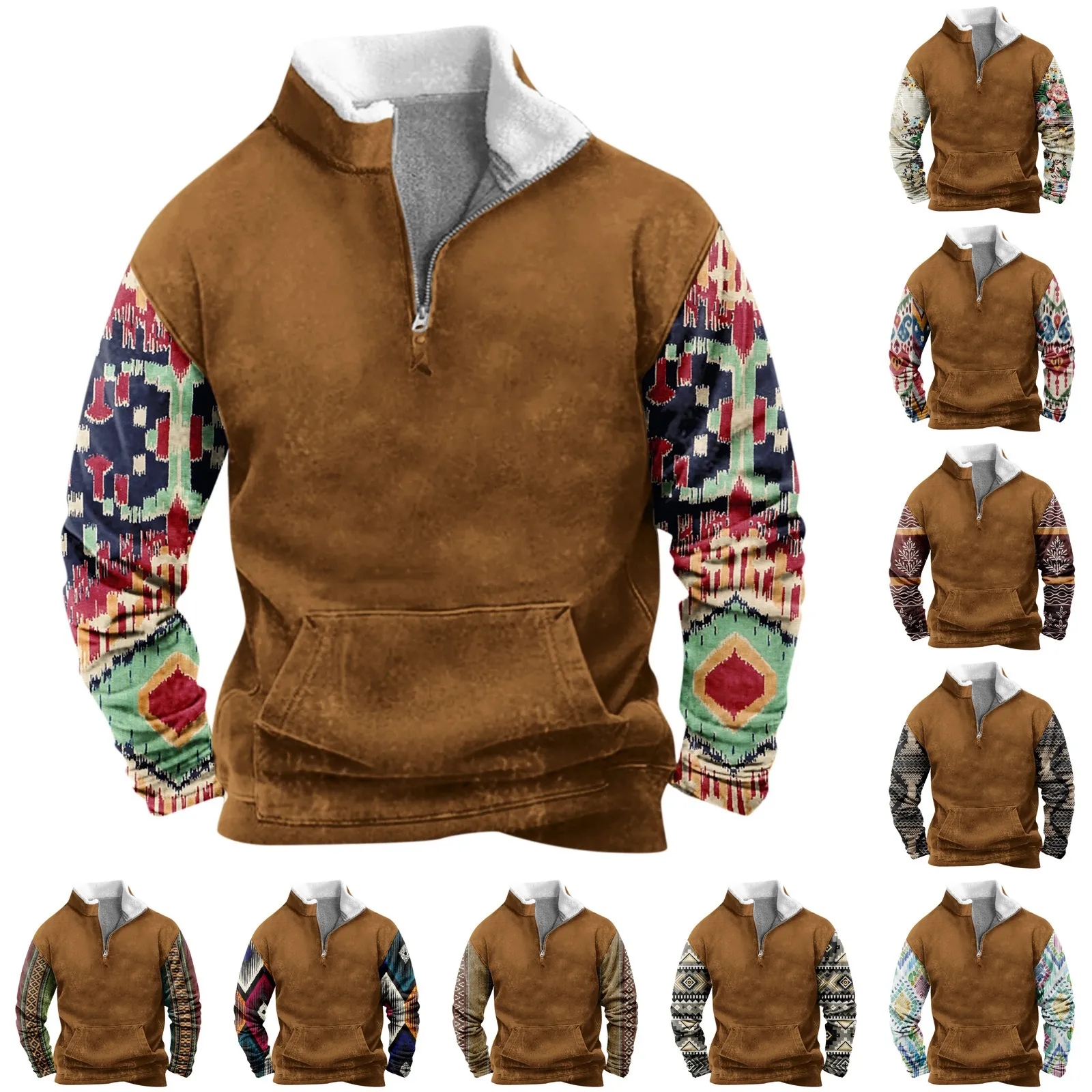 Trend Splicing Ethnic Print Sweatshirt Spring Fall New Men'S Stand Collar Zipper Pullovers With Fur Collar Casual Pocket Tops