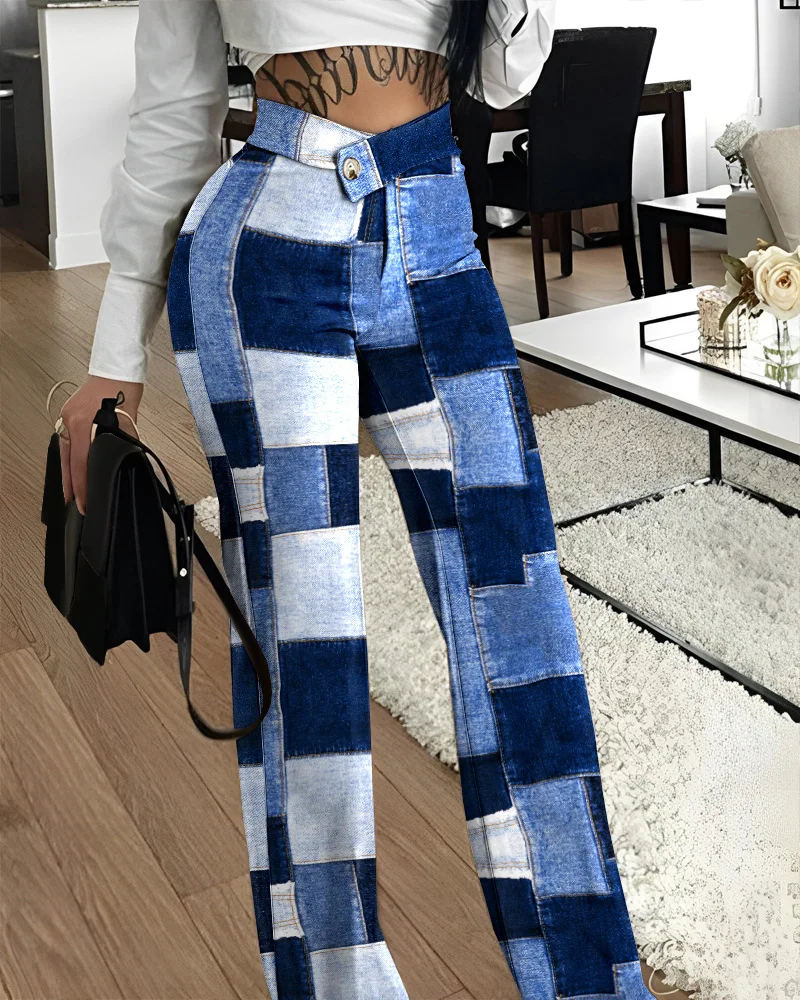 

Fashion Women's Pants Summer Denim Look Print Plaid Trouser High Waist Button Design Casual Daily Long Pants Streetwear Female