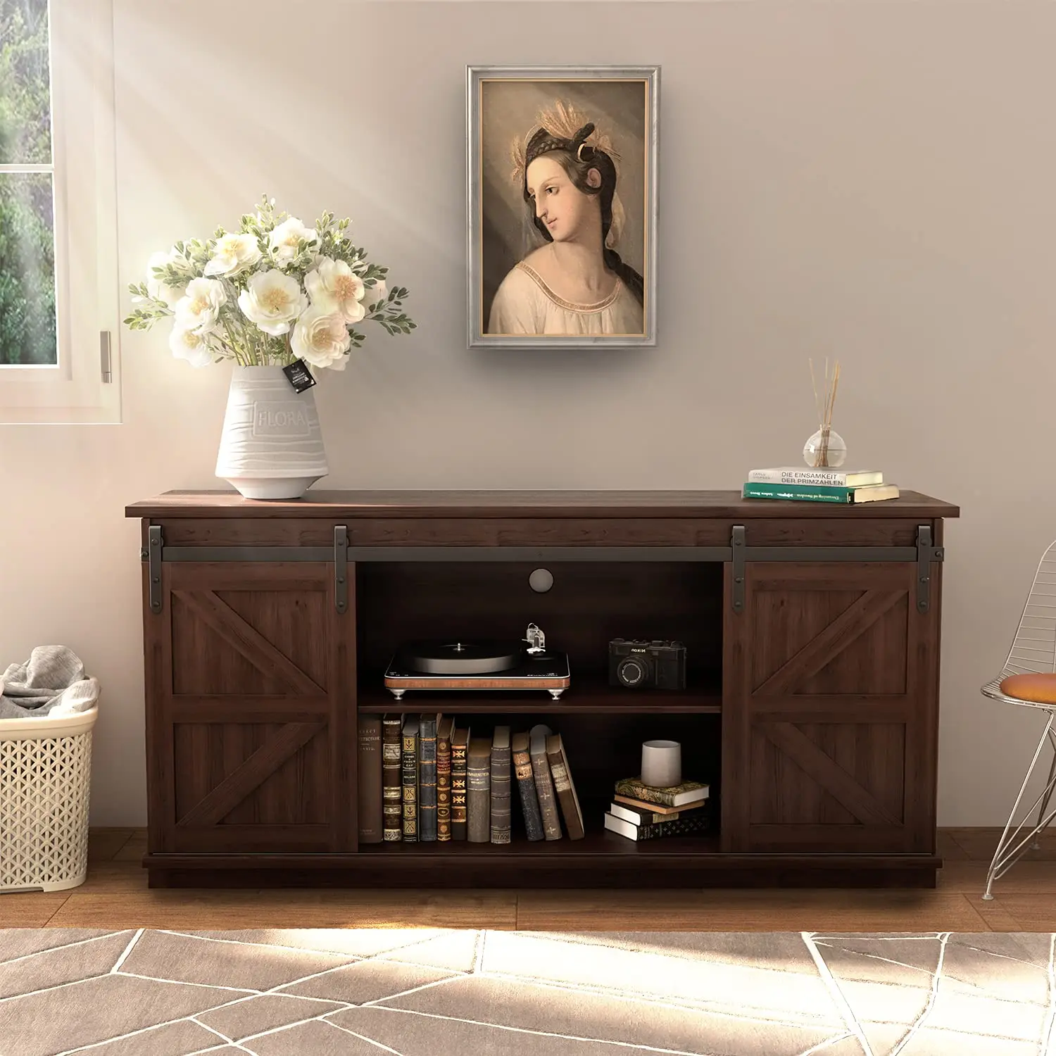 Sliding Barn Door TV Stand for 65 Inch Screen, Brown, Customized