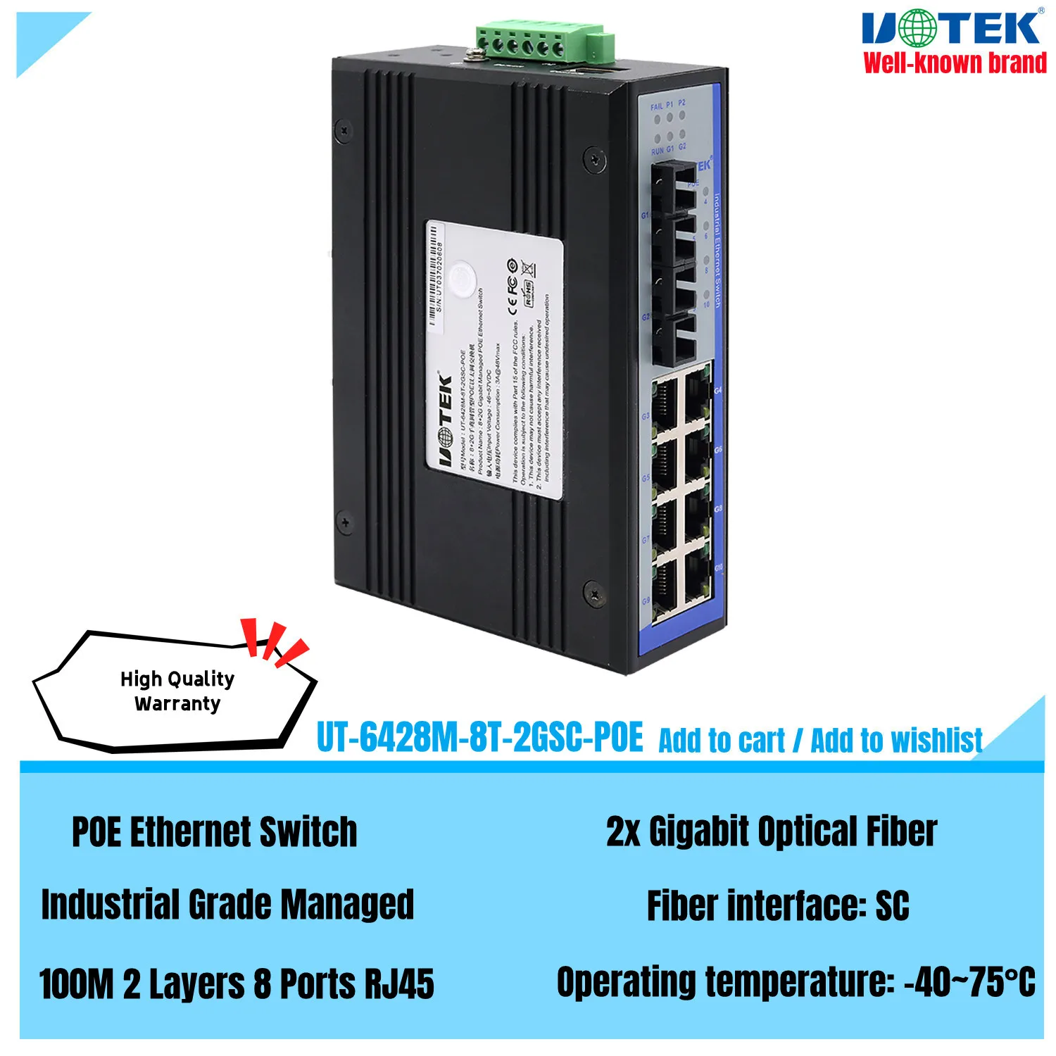 UOTEK Industriel 100M 2 Couches 8 Ports RJ45 Réseau Géré POE Ethernet Commutateur 2 Gigabit Fibre Optique SC DIN-Rail UT-6428M