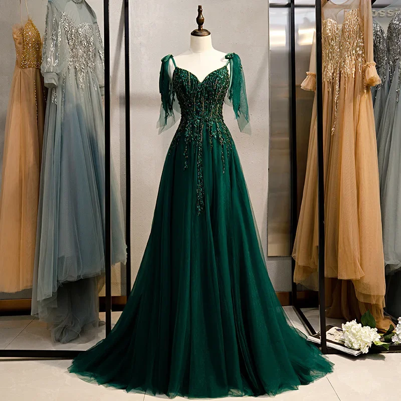 Customized Sexy Green Evening Dress V-Neck Sleeveless A-Line Floor-Length Crystal Bling Backless Lace Up Party Formal Gown Woman