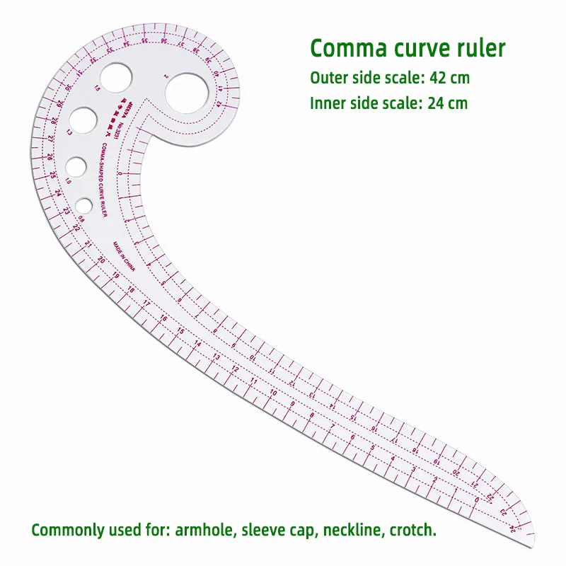 42cm French Curve Ruler, 24cm Inner Scale & 1mm Thick Plastic, Dual-Scale for Sewing, Tailoring, Crafting