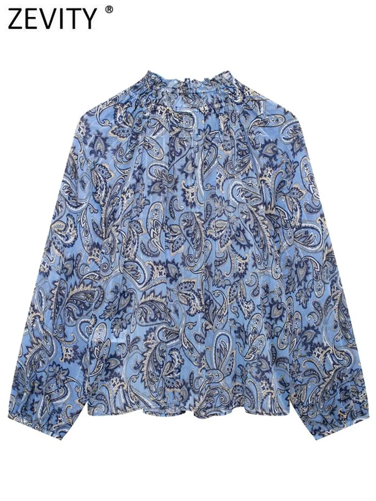 Zevity Women Vintage Totem Paisley Floral Print Chiffon Blouse Female Pleated Ruffles Stand Collar Shirt Blusas Chic Tops LS7239