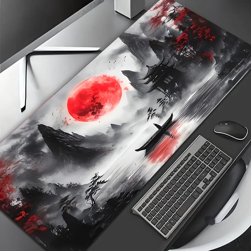 Large Mouse Pad, Ink Red And Boat Landscape Pattern, Non-Slip Rubber Base, Smooth Surface, Machine Washable, Durable Design