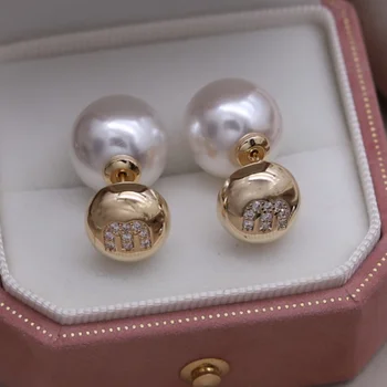 Güney Kore yeni tasarım moda takı 14K altın kaplama M harfi zirkon inci küpeler zarif kadın günlük iş aksesuarları