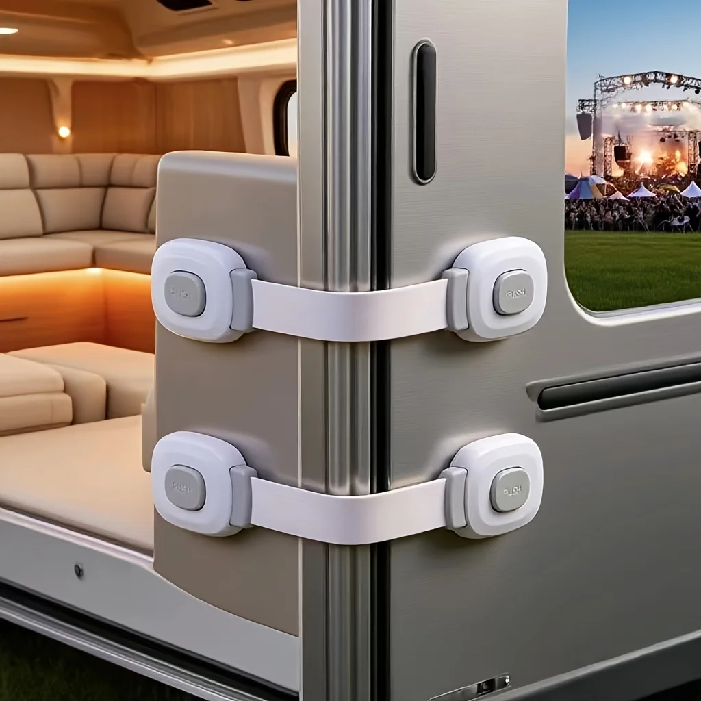 

1pc Motorhome Plastic Safety Lock No Drilling Adhesive Fixation Drawer Door Lock Double Snap Refrigerator Door Lock RV Parts