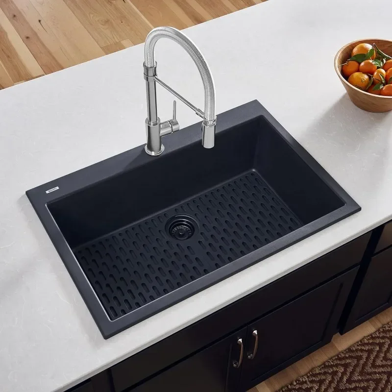 Ruvati 30 x 20 inch Drop-in Topmount Granite Composite Single Bowl Kitchen Sink - Midnight Black - RVG1030BK