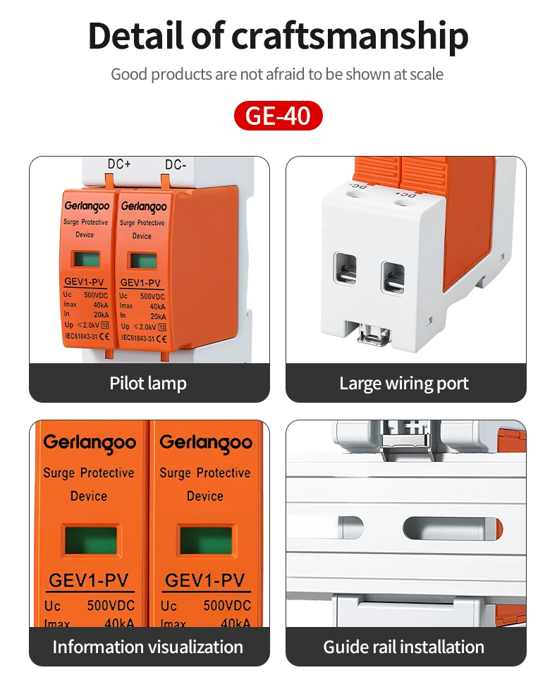 Gerlangoo SPD 2P DC 500V 600V 800V 1000V 10KA~20KA 20KA~40KA Überspannungsschutzgerät Niederspannungs-Ableitergerät – Detail 7