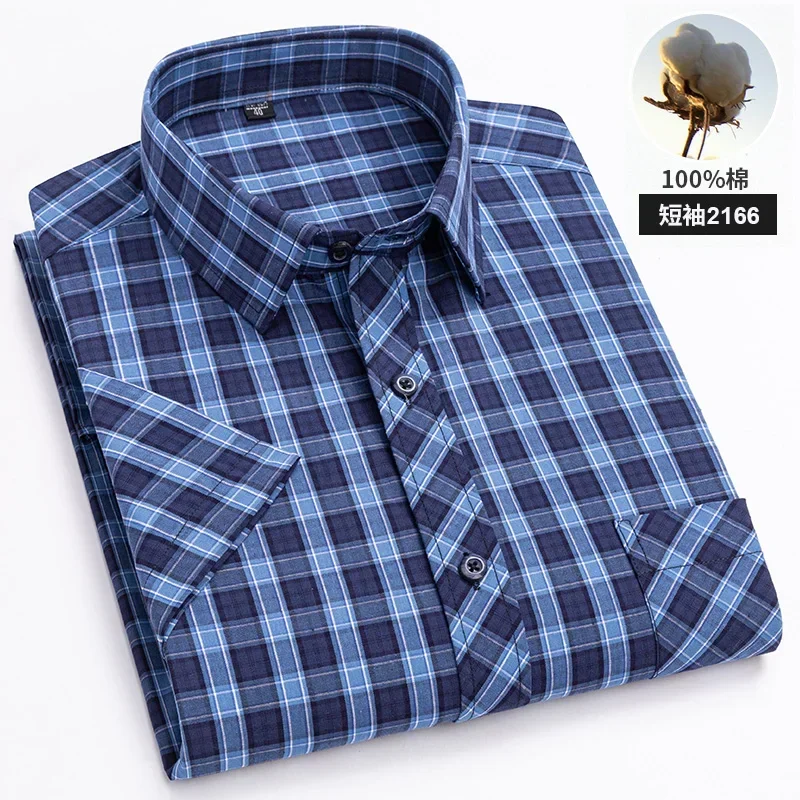 

Mens Summer Slim Fit Cotton Short Sleeve Plaid Thin Checkered Pure Male Casual Social Shirts Men's Clothing Blouses
