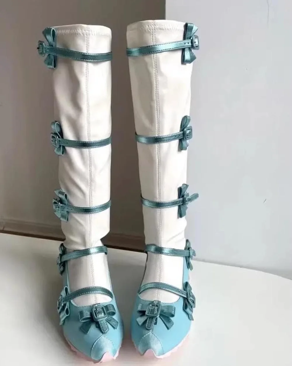 Cool Girl Style White Teal Patent Pointed Toe Knee-High Boots Bow-Accented Straps Pastel Color Block Sweet Cute Cosplay Style