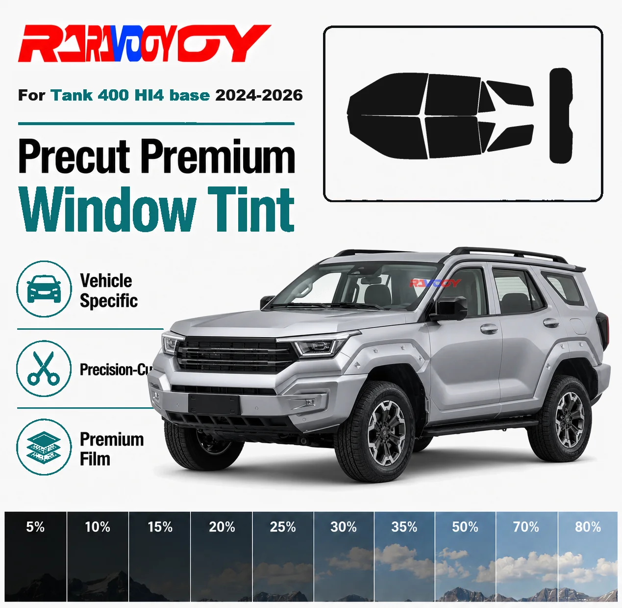 For Tank 400 HI4 base 2024-2026 RAVOOY Pre-Cut Window Tint Film Vehicle-Specific Full Kit Front & Rear Windows Precision-Cut