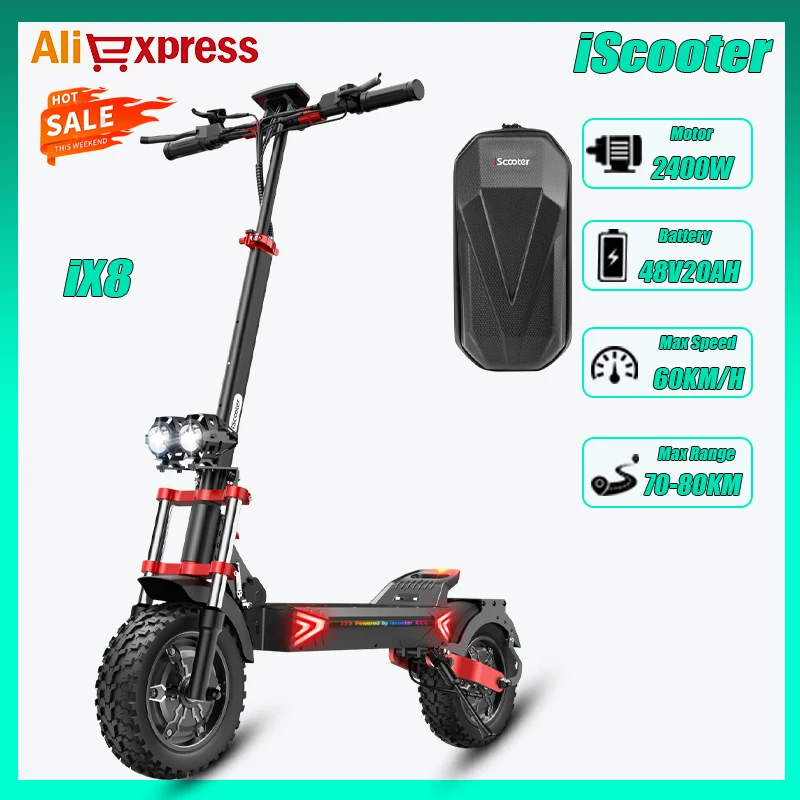 iScooter iX8 12 Inch Off-Road Dual Drive Electric Scooter 2400W48V20Ah Max Range 70KM, Max speed 60 km/h Foldable Kick eScooter