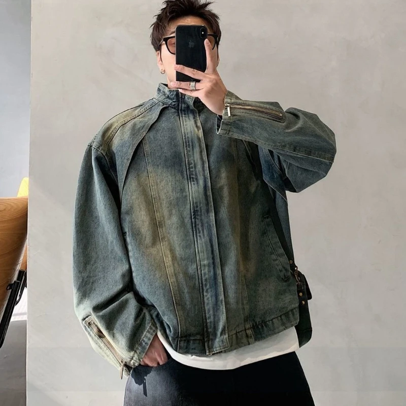 Men's Vintage Moto Denim Jacket Stand Collar Zipper Coat Retro HK Style High Street Casual Autumn Winter Top