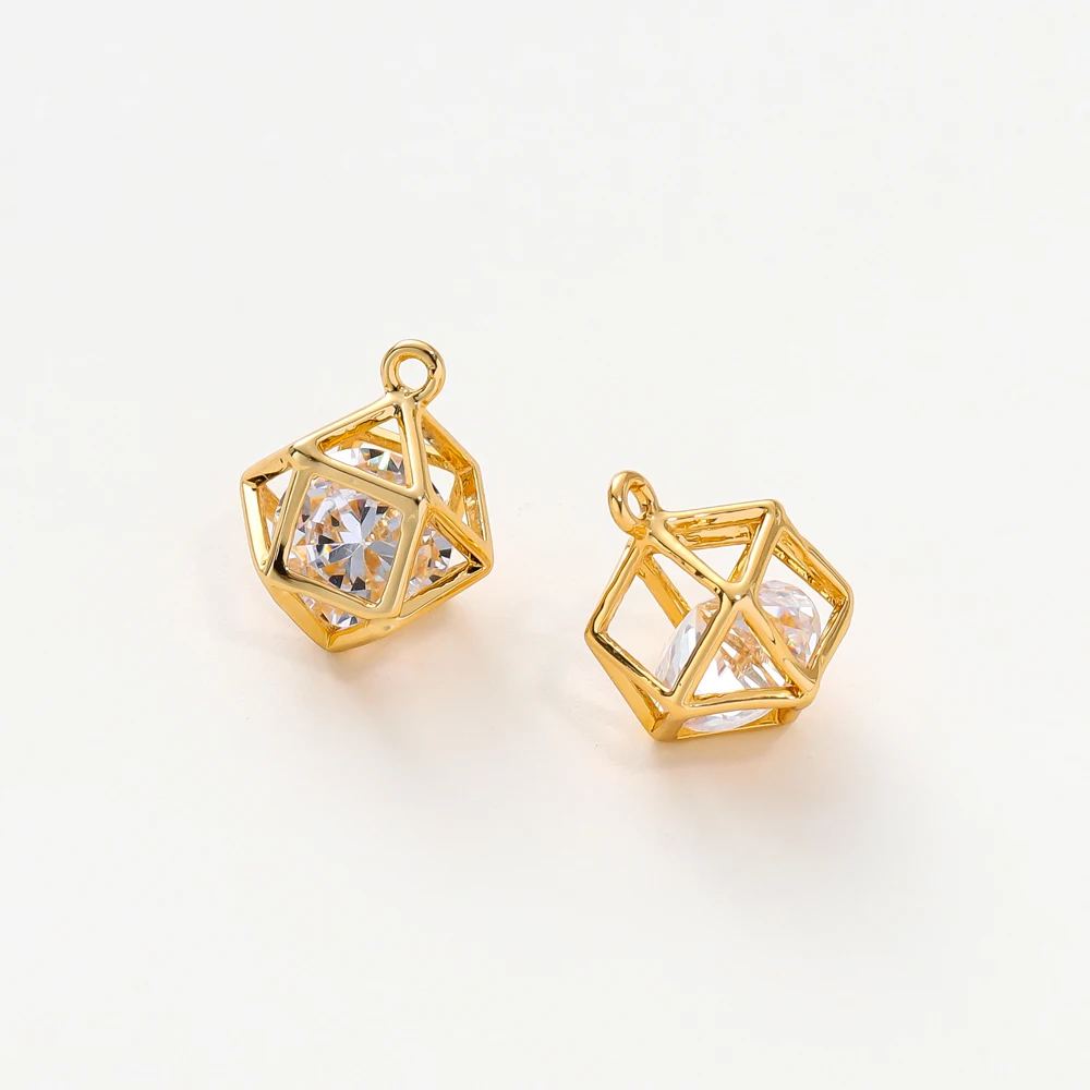 2Pcs 18K Gold Color Plated Brass Bird Cage Beads and Zircon Pendant for DIY Necklace Jewelry Making Accessories Supplies