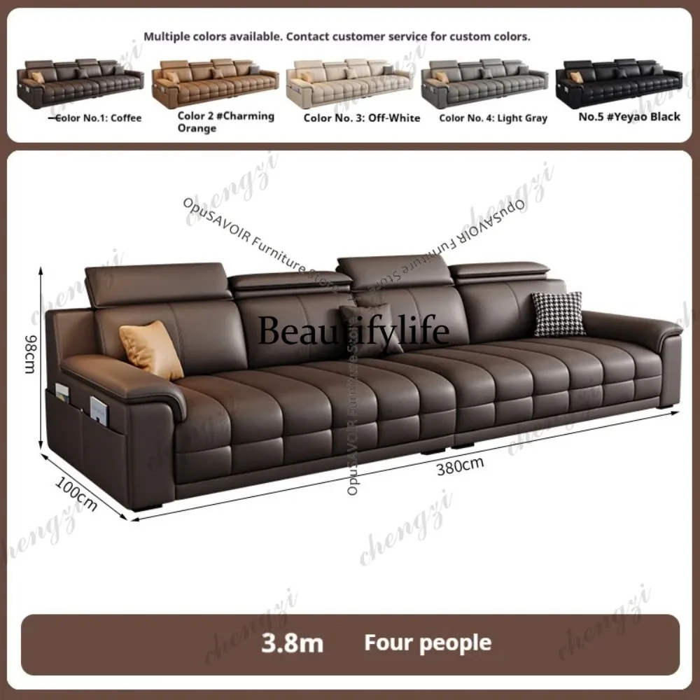 P182 P182 Italian Minimalist Lawrence Top Grain Leather Sofa - 3-Seater Straight Living Room Sofa Latex Support Compact Furnitur