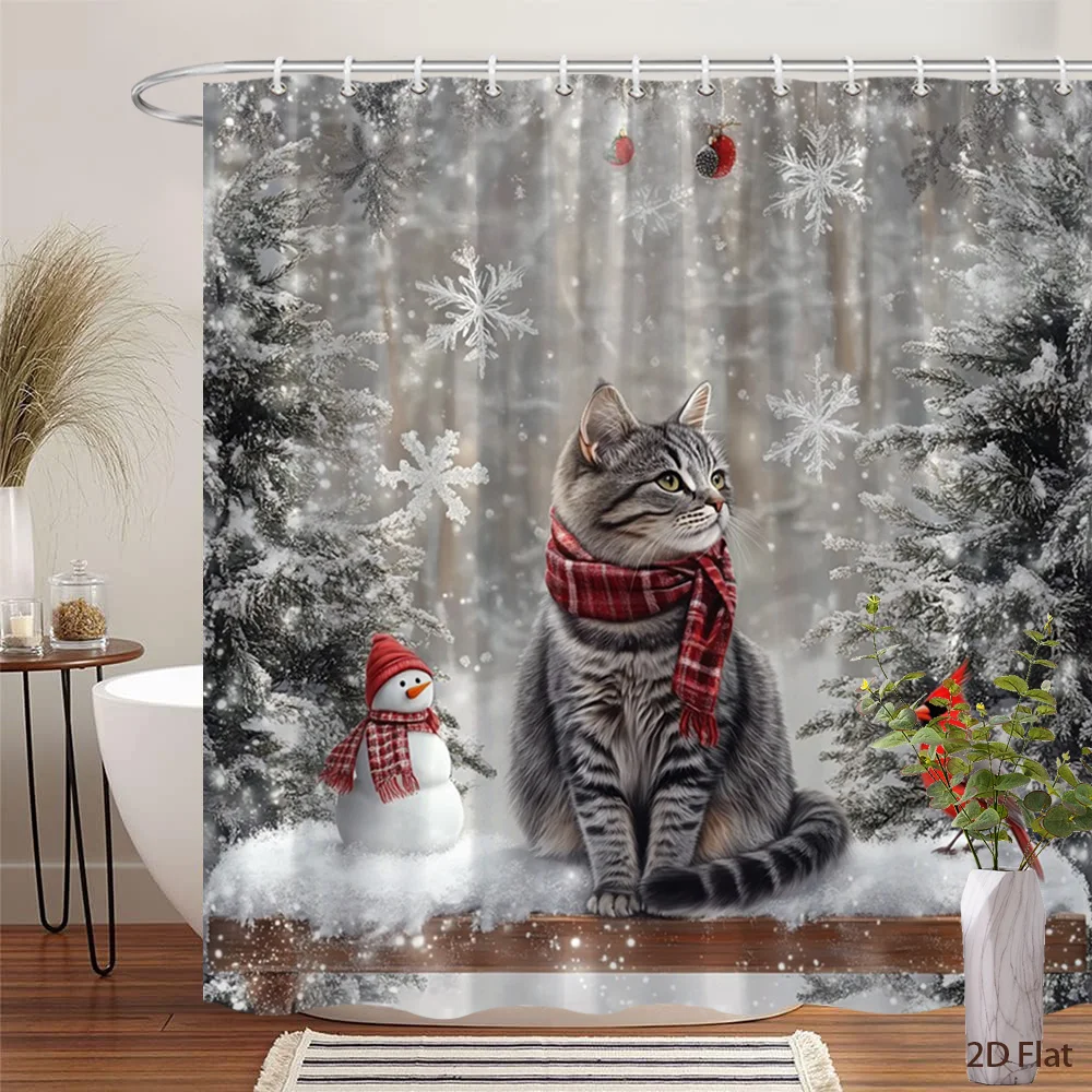 1pc 2D Flat Christmas Shower Curtain, Snow Scene with Snowman and Cardinal, With Hooks, Bathroom Decor