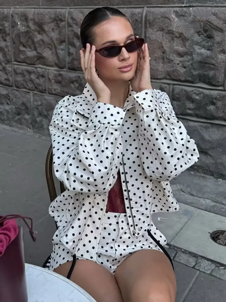 เสื้อโค้ทลายจุดสำหรับผู้หญิง แขนยาว ติดกระดุมและซิป สไตล์ลำลองหลวมๆ สำหรับฤดูใบไม้ร่วง ปี 2025 เหมาะสำหรับคุณแม่ตั้งครรภ์