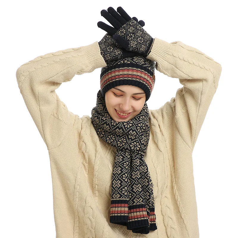 Women Winter Keep Warm Set Fleece Lining Beanie Telefingers Gloves Thicken Scarf Christmas Hat Snow Design Neckerchief 3 Pieces