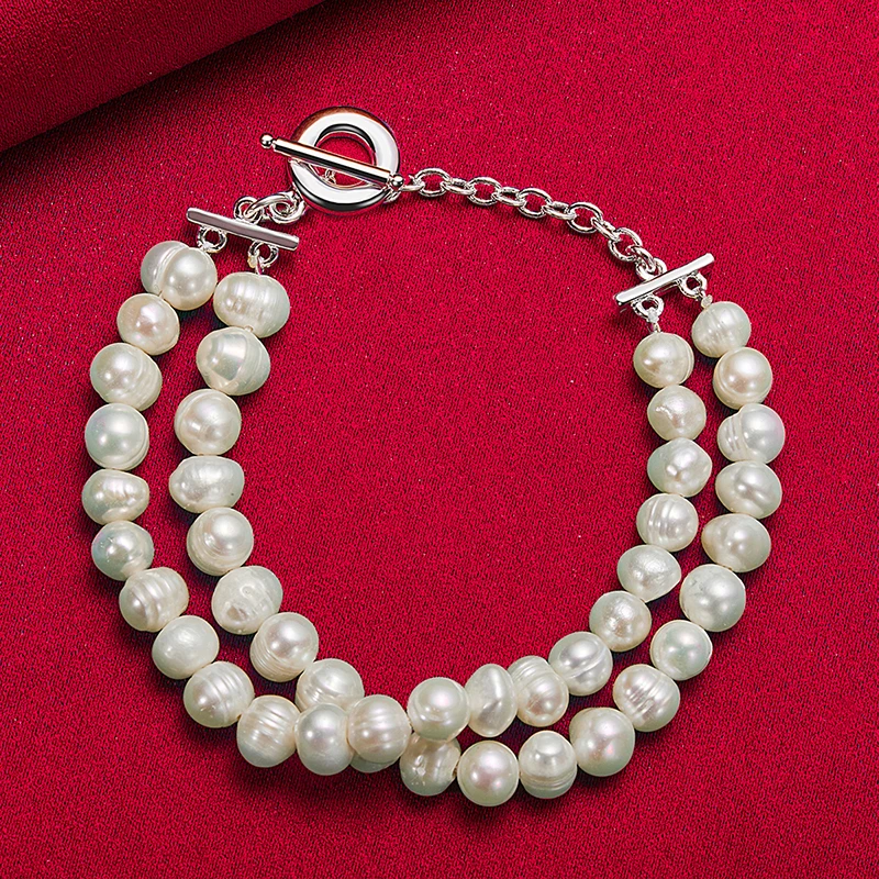 SHSTONE 925 Sterling Silver Double Freshwater Pearls Chain Bracelet For Woman Wedding Accessories Party Birthday Fashion Jewelry