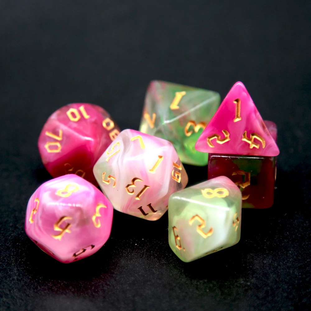 Marbled Pink Green Polyhedral Dice Set 7PCS Swirl Acrylic Dice, Gold Ink for DND TTRPG Tabletop Games