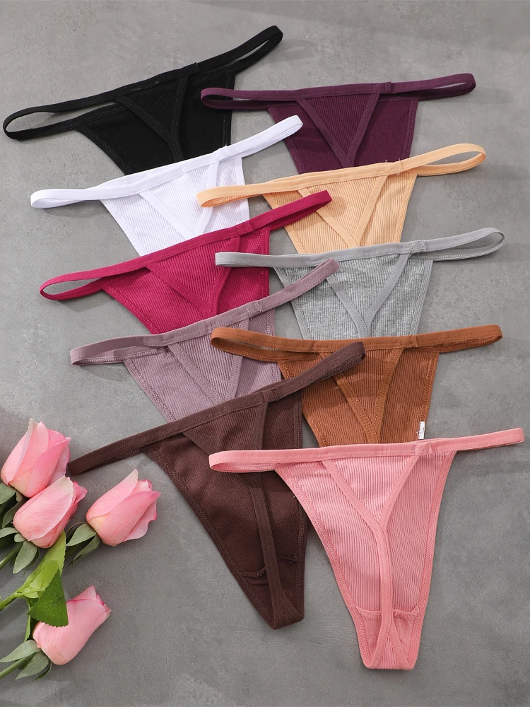 5Pcs/Set Sexy Thread Thongs Cotton Breathable Panties Seamless Solid Color Low Rise Underwear Comfortable T-Back G-string M-XL