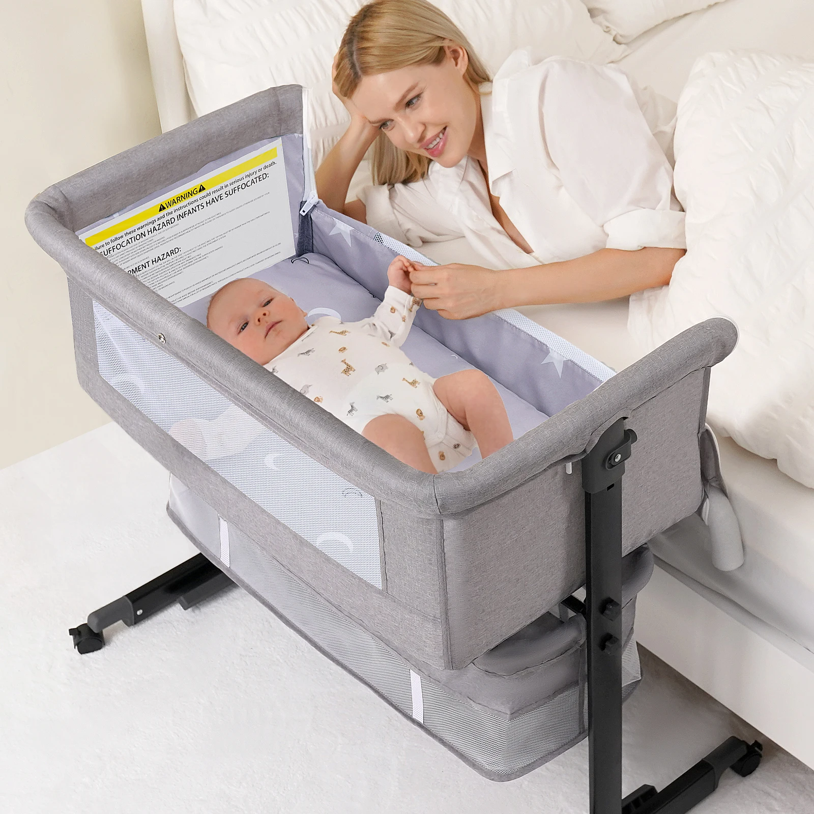 Baby Bedside Bassinet 3-in-1 Baby Crib Headboard Bed Portable Travel Crib Easy Assemble And Folding Multifunctional Baby Cradle