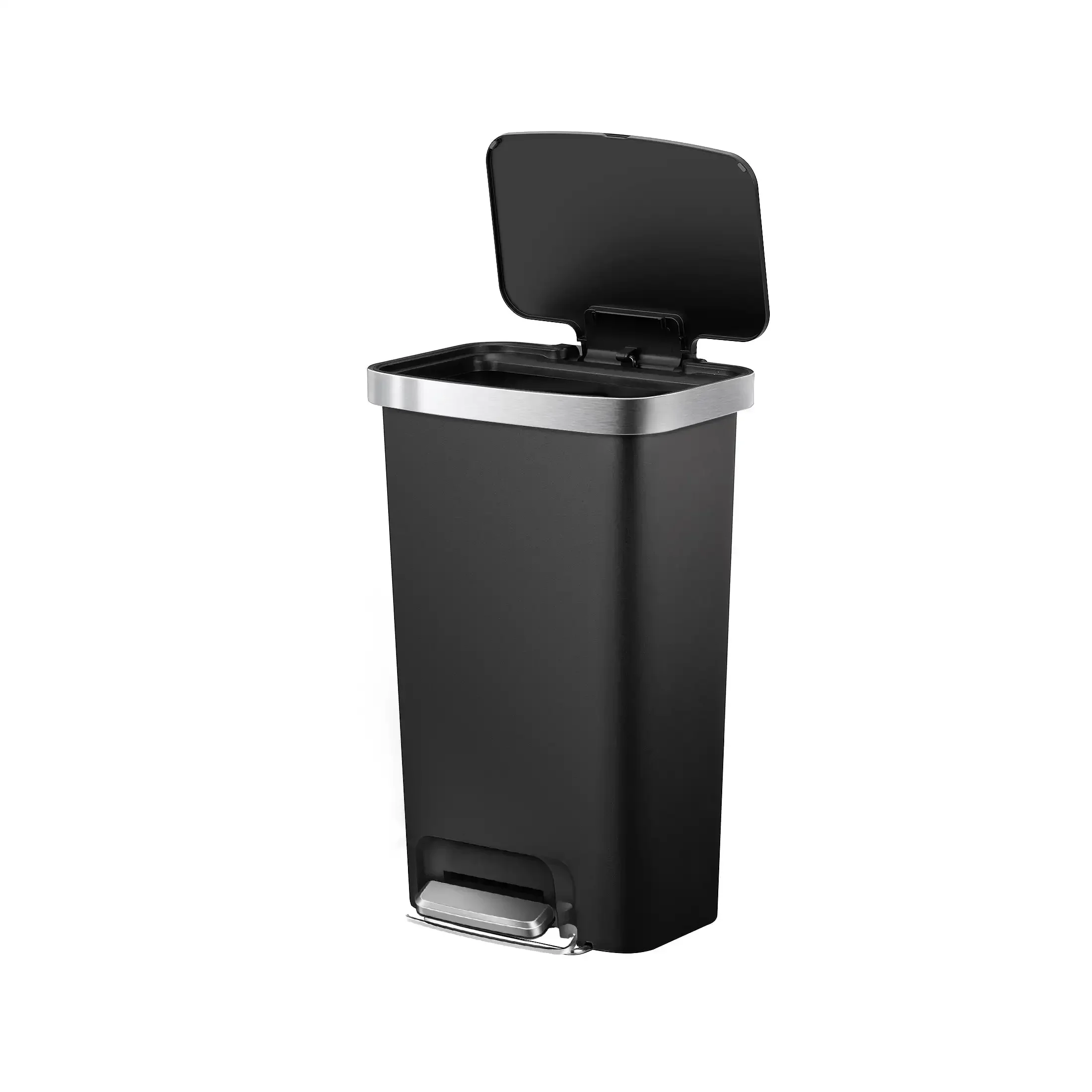 

Kitchen trash can 11.9 gallon step-operated plastic bin with quiet soft-close lid in black