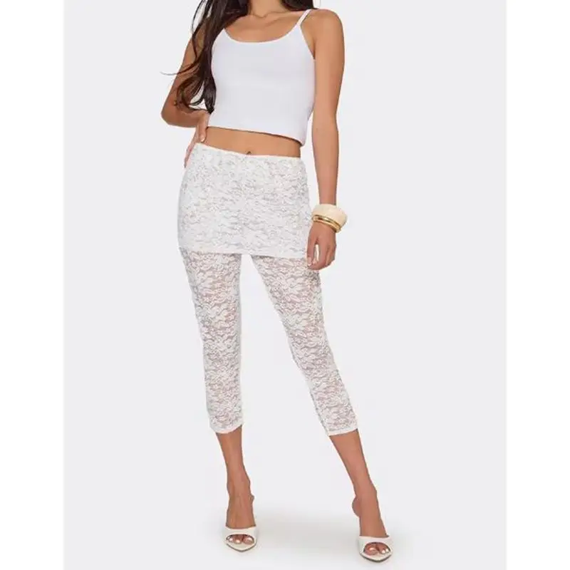 Womens Floral Lace Sheer See-through Capris Fold Over Waist Slim Fit Elastic Mid Rise Cropped Pants Stretchy Leggings