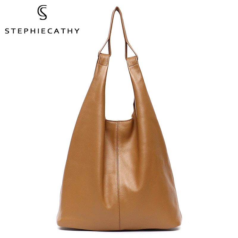 SC Large Bucket Genuine Leather Hand Carry Over Shoulder Hobo Bags Women Big Basket Soft Cow Skin Single Strap Casual Handbag