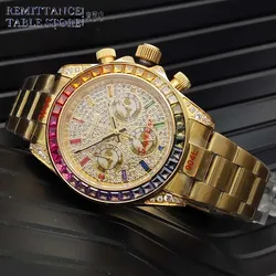 2026 Parnsrpe VK63 Men's Luxury Watch Iced Out Full Diamond Rainbow Bezel Chronograph Mechanical Watch Business Gift