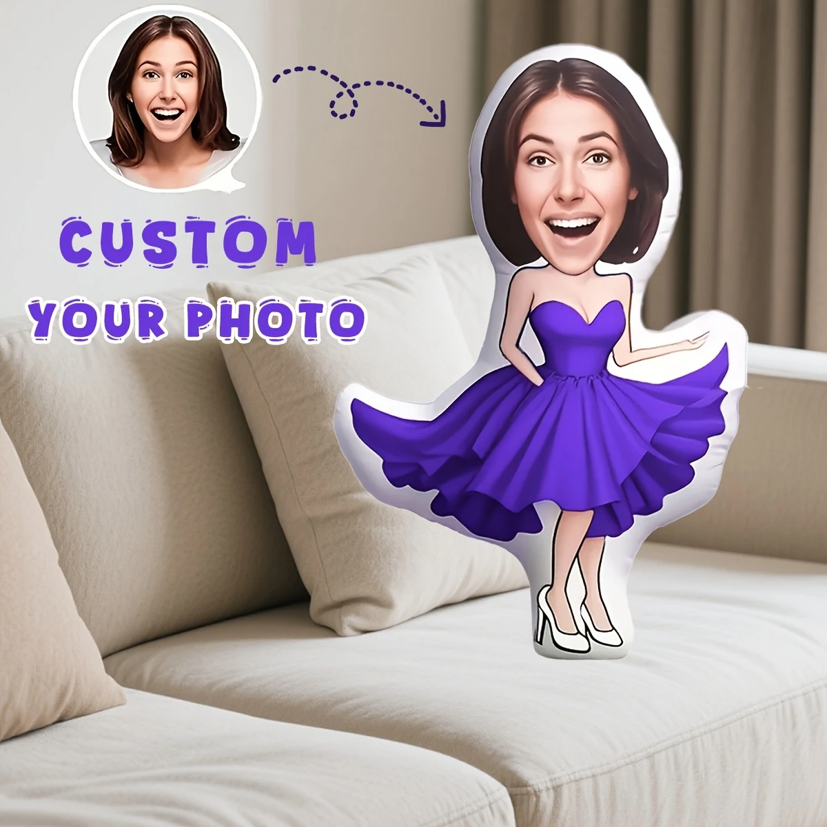 A Custom Personalized Throw Pillow Featuring a Purple Tube Top Dress Design. A Unique and Different Gift for Family, Friends, or