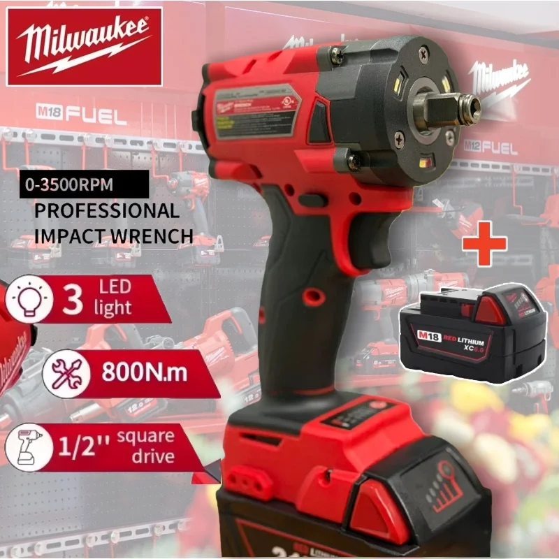 ميلووكي 18 فولت فرش شنيور يعمل بالبطارية 800NM فرش تأثير الحفر 1/2 سيارة شاحنة إصلاح مفك أدوات يأتي مع بطارية M18